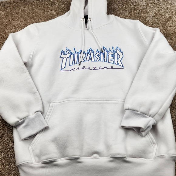 Thrasher Magazine Flame Logo Hoodie White Blue Sweatshirt Mens Large - Picture 1 of 5